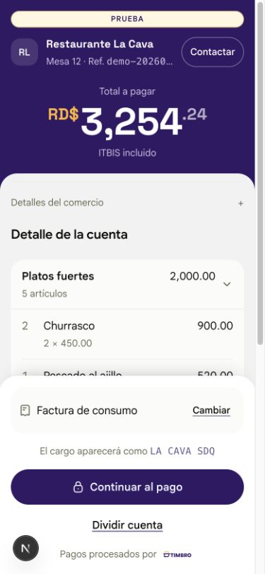 Proceso de pago con detalle de una cuenta de restaurante
